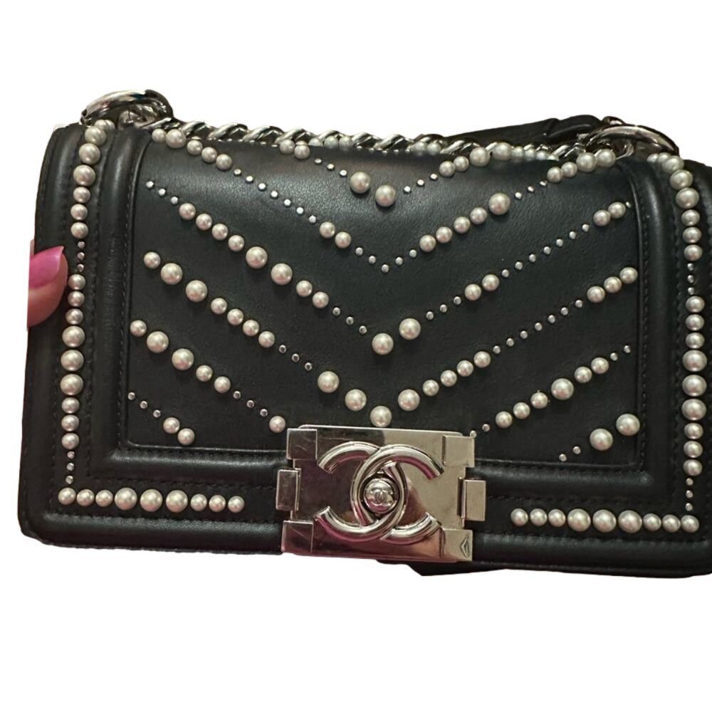 CHANEL Boy Bag Black Chevron with Pearls